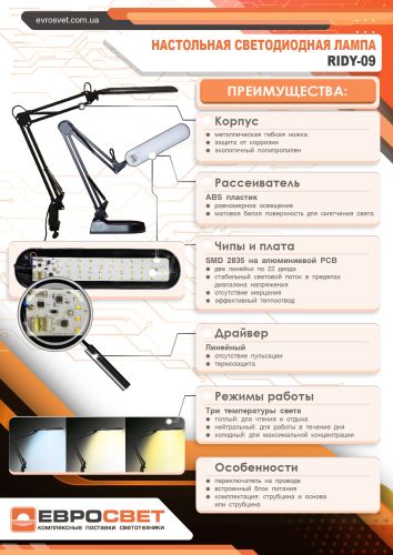Настольная светодиодная лампа ЕВРОСВЕТ Ridy-09 9Вт белая  - фото 6