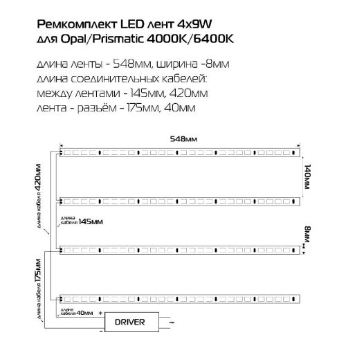 Ремкомплект LED лент 4х9W для Opal/Prismatic 6400K - фото 2