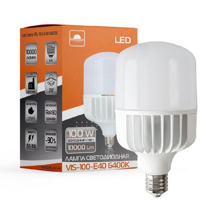 Лампа светодиодная высокомощная ЕВРОСВЕТ 100Вт 6400К (VIS-100-E40) > купить  Лампы с цоколем Е40 от ЕвроСвет