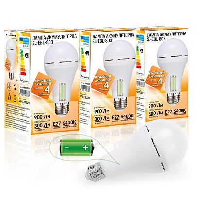 Набор лампа на аккумуляторе Е27 LED SL-EBL-803 АС9W DC3W 6400К 3шт - фото 1